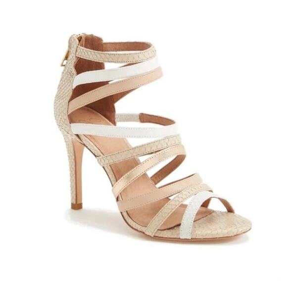 Joie Zee Neutral Multi Strap Snake Dress Sandals Heels 37 - Picture 1 of 8